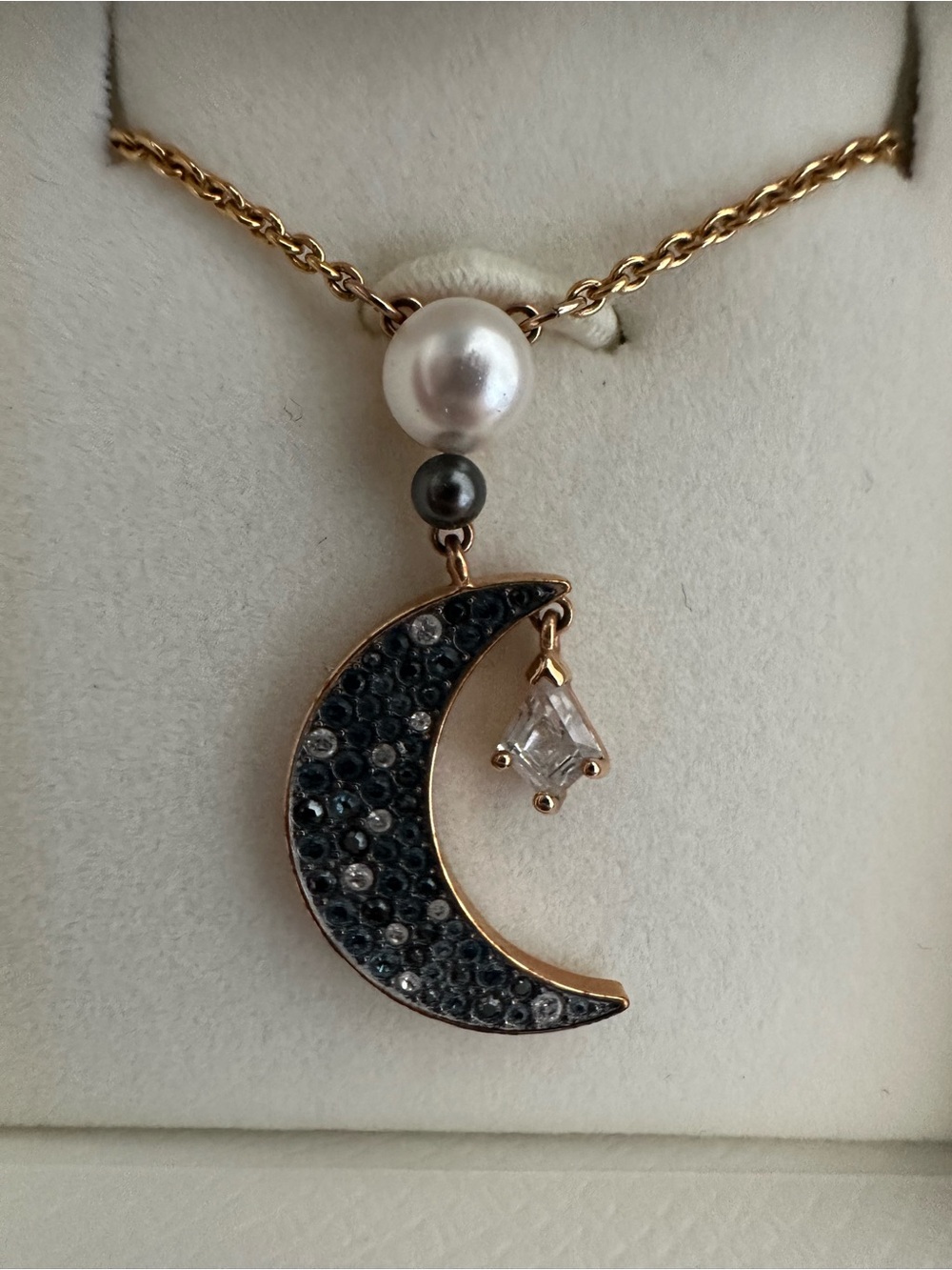 Swarovski Rose Gold Moon Necklace with Blue Crystal Inlay and Pearl Accent